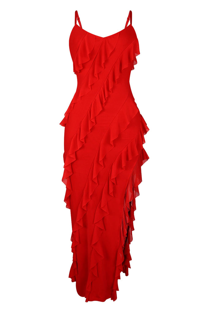 Tasteful Maxi Ruffle Dress Dresses EDGE Small Red 