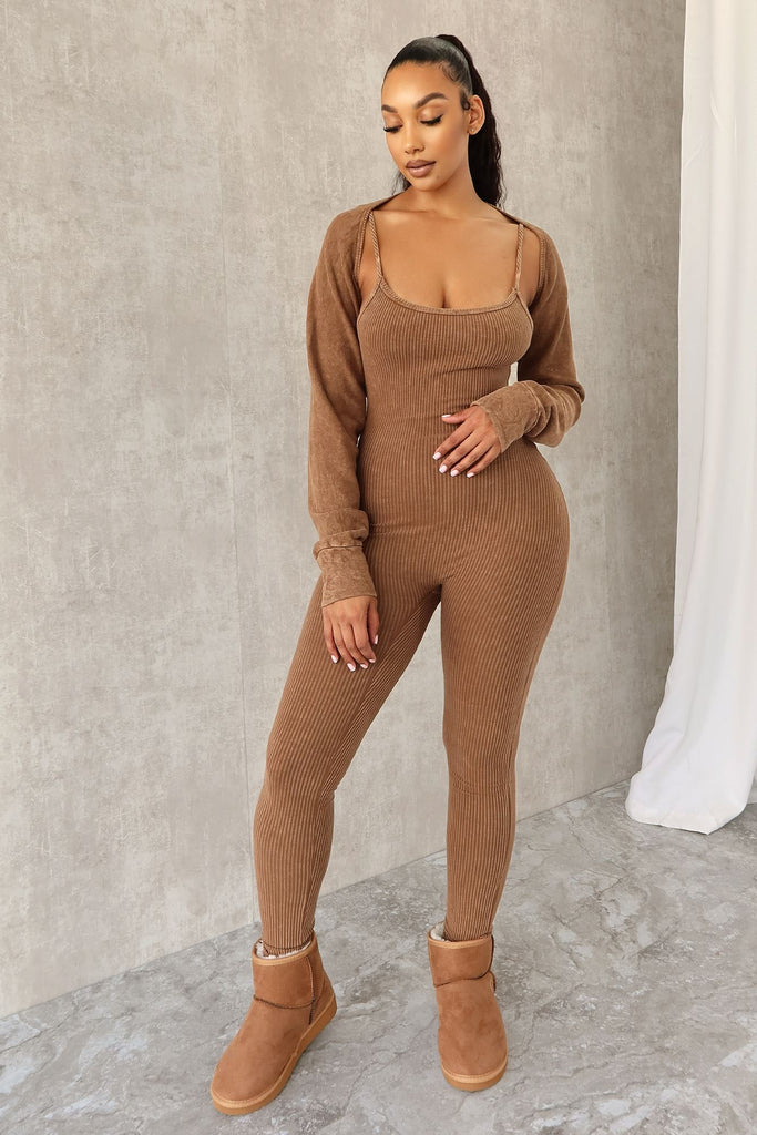 Cindy Mineral Washed Jumpsuit & Bolero SET Rompers + Jumpsuits EDGE Small Espresso 