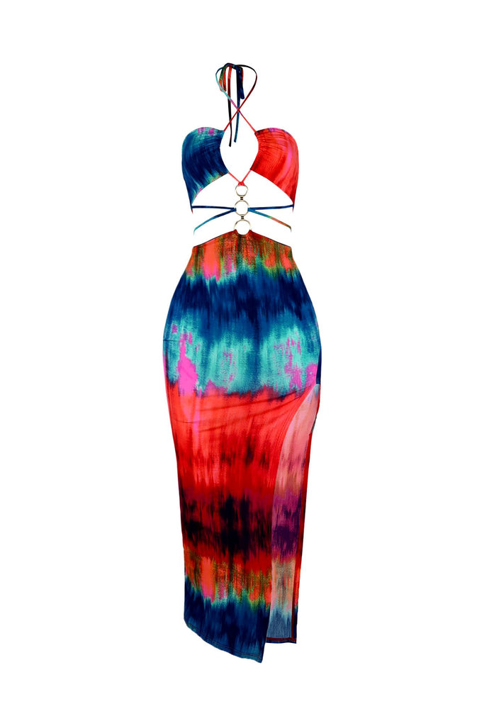 Summer Taste Print Halter O Ring Detail Dress DRESS EDGE Small Multi 