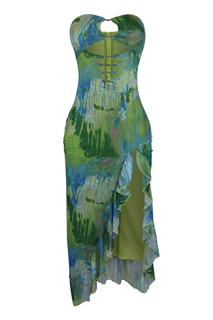Enchanted Mesh Tube Ruffle Midi Dress Dresses EDGE Small Moss 