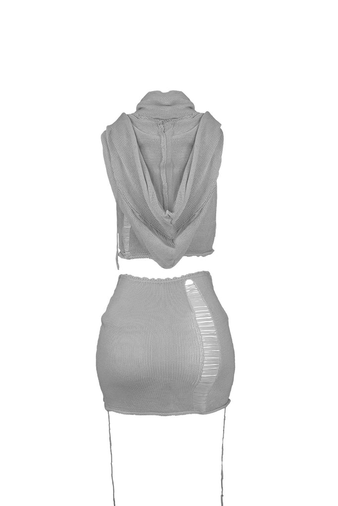 Maeve Distressed Hoodie Top & Skirt SET - Grey - EDGEbyKS
