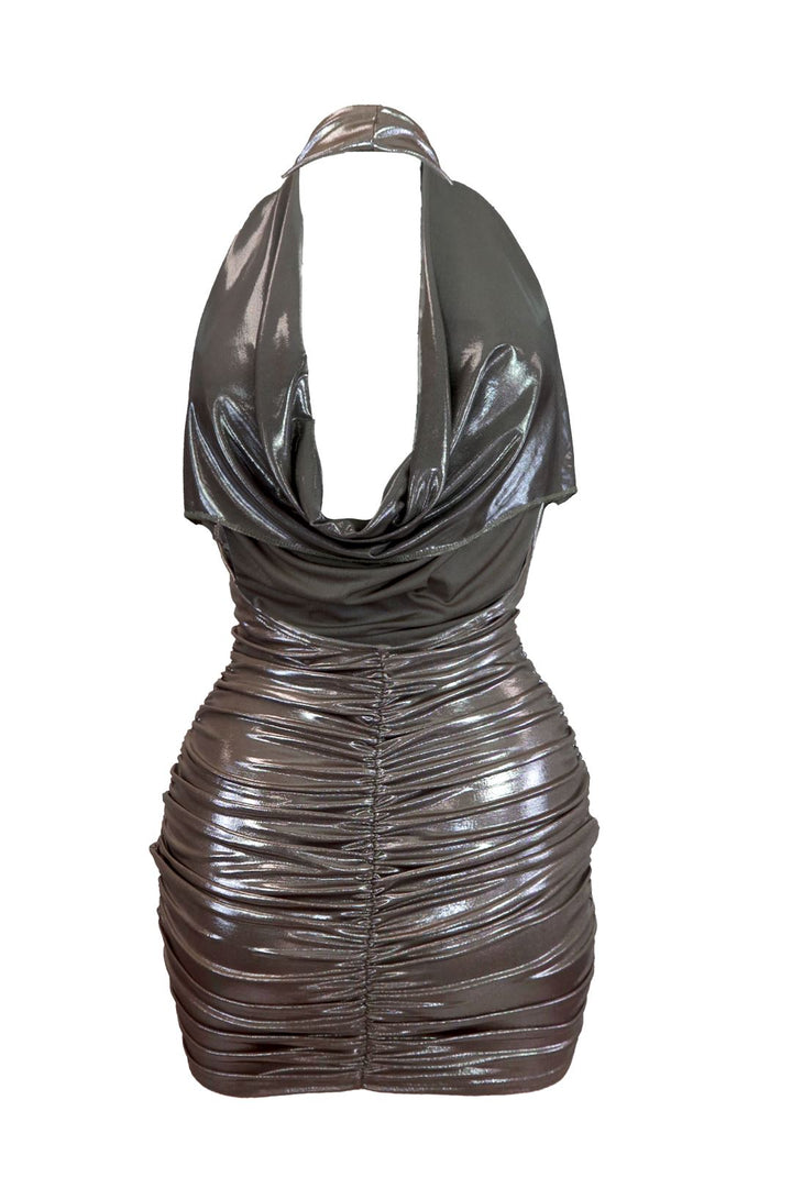 Raise Me Up Foil Ruched Dress - Mocha - EDGEbyKS