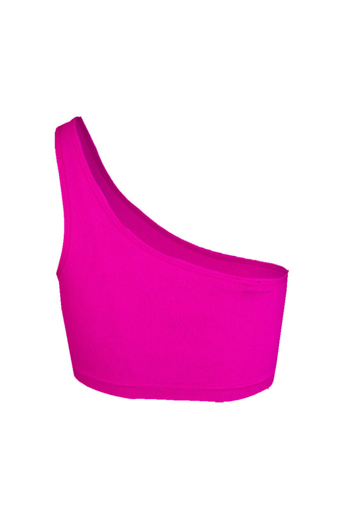On Repeat Basic Baby Ribbed One Shoulder Top - Neon Pink - EDGEbyKS