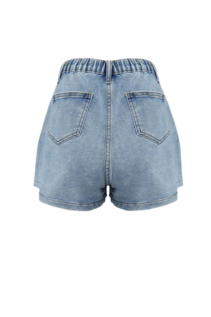 Trendy Half Wrap Pocket Denim Shorts - Light Denim - EDGEbyKS