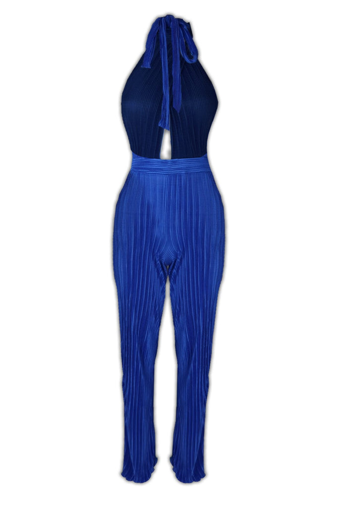 Royal Affair Satin Slinky Pleated Jumpsuit - Royal Blue - EDGEbyKS