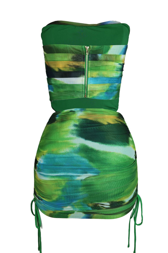 Euphoric Ruched Mesh Corset Top & Skirt SET - Green - EDGEbyKS