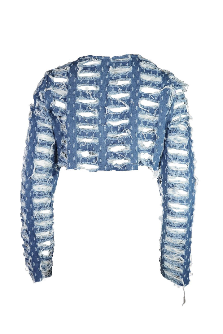 Unfazed Distressed Long Sleeve Top - Light Wash - EDGEbyKS