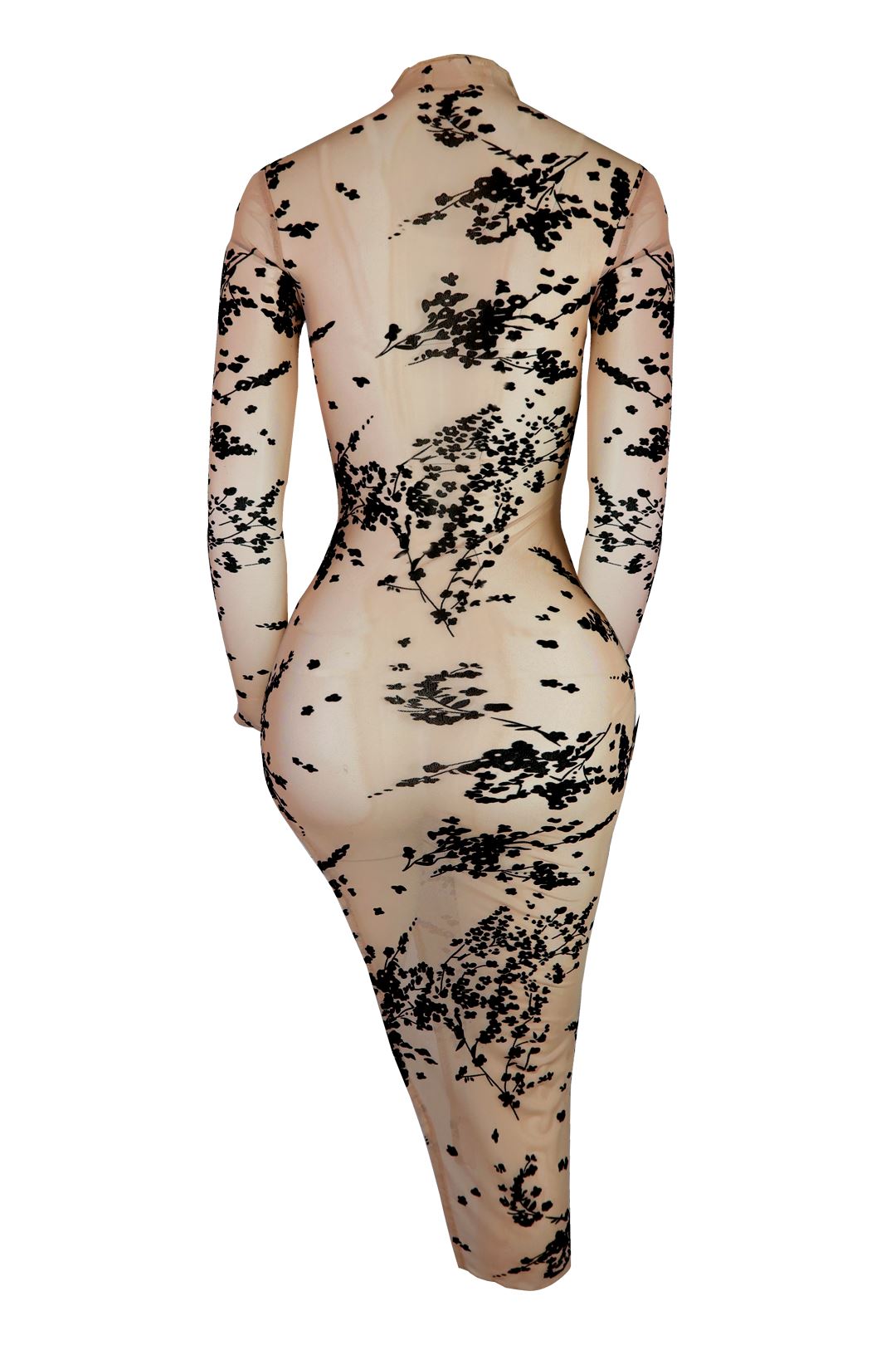Come Thru Velvet Burnout Mesh Midi Dress - Beige - EDGEbyKS