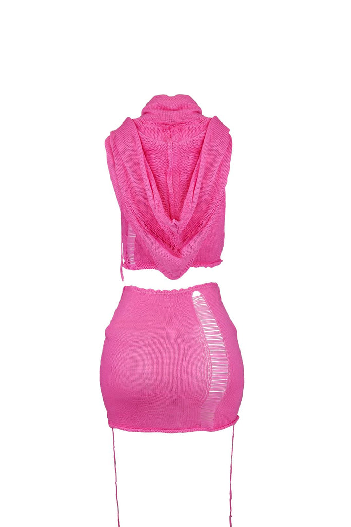 Maeve Distressed Hoodie Top & Skirt SET - Pink - EDGEbyKS