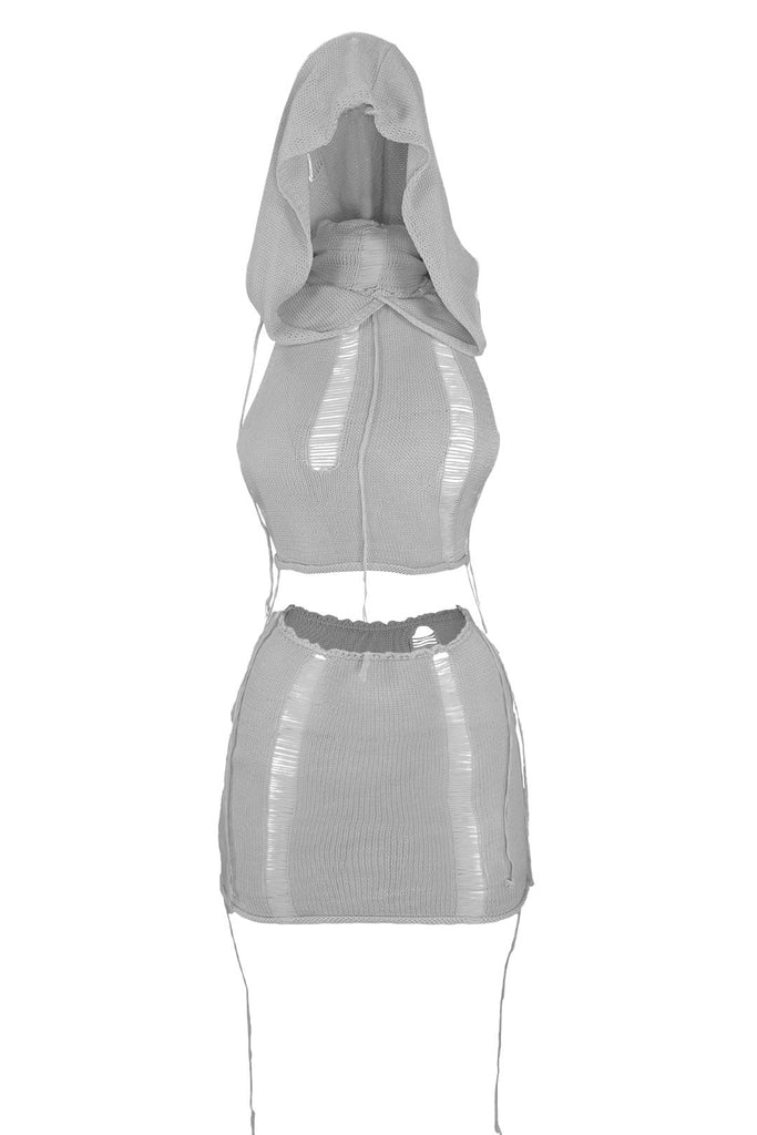 Maeve Distressed Hoodie Top & Skirt SET - Grey - EDGEbyKS