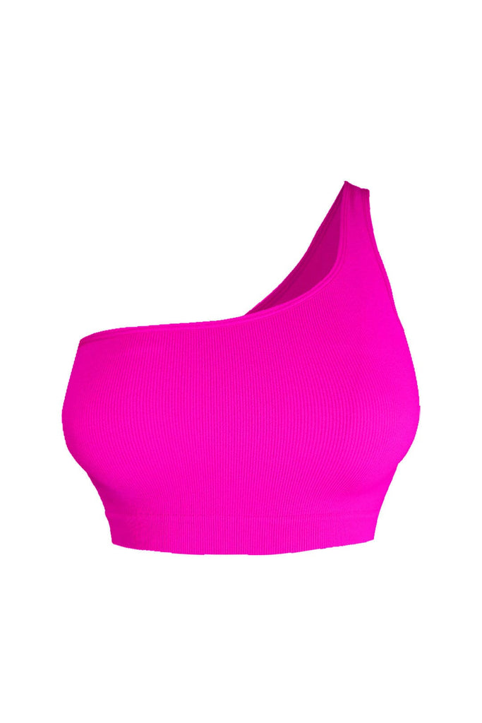 On Repeat Basic Baby Ribbed One Shoulder Top - Neon Pink - EDGEbyKS