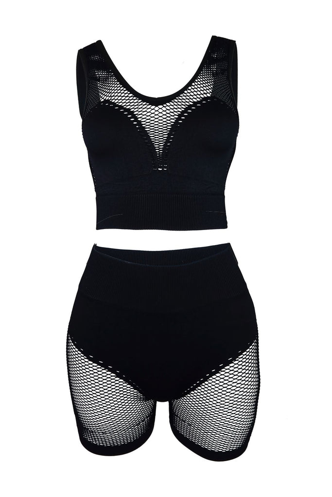 Chill Out Netted Crop Top & Shorts SET - Black - EDGEbyKS