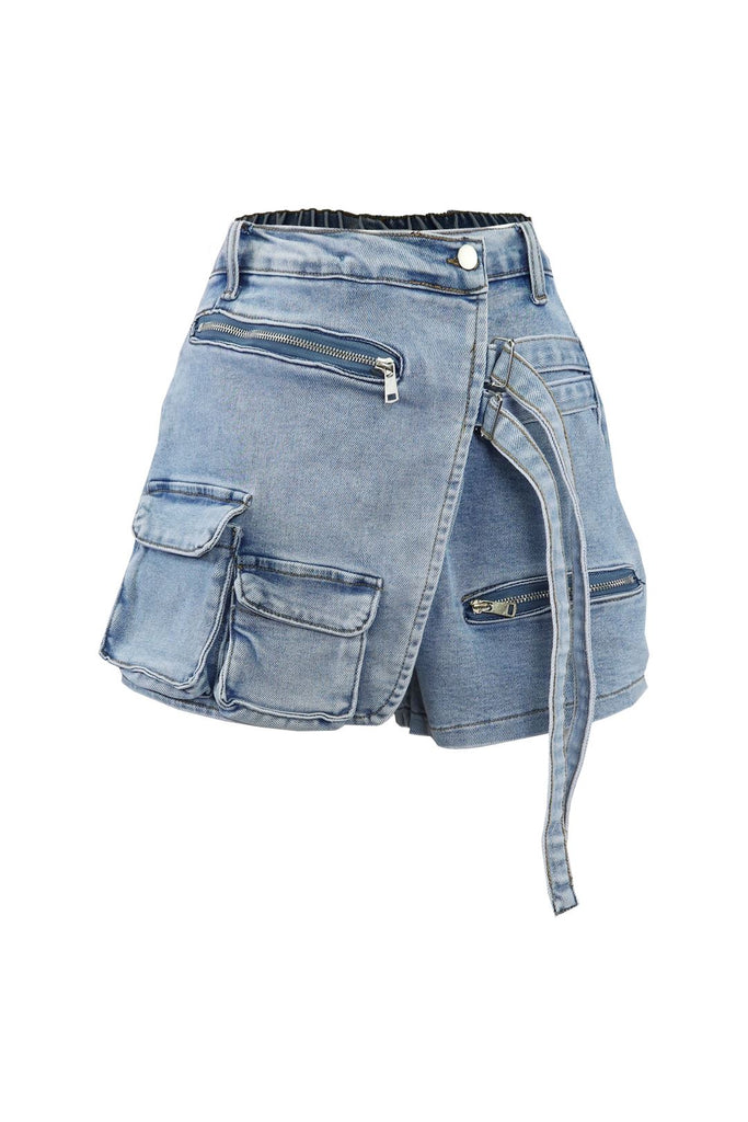 Trendy Half Wrap Pocket Denim Shorts - Light Denim - EDGEbyKS