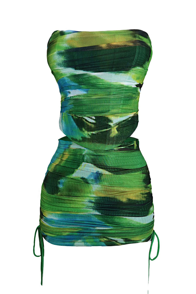 Euphoric Ruched Mesh Corset Top & Skirt SET - Green - EDGEbyKS