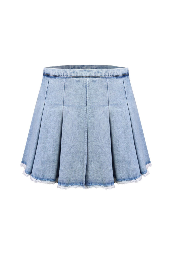 Get it Right Washed Denim Pleated Mini Skirt - Light Denim - EDGEbyKS