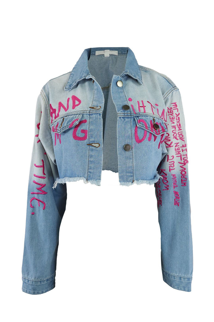 Legendary Lovers Pink Print Denim Jacket - Medium Wash -EDGEbyKS