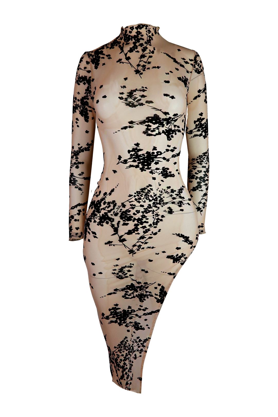 Come Thru Velvet Burnout Mesh Midi Dress - Beige - EDGEbyKS
