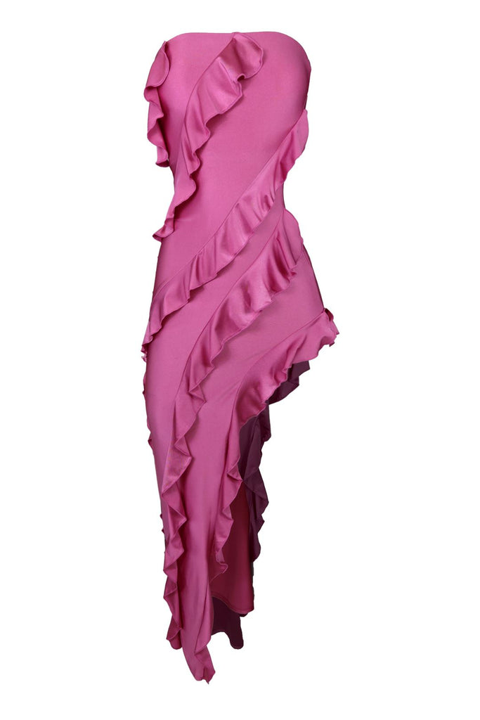 Surrender to Pink Ruffled Tubed Long Dress - Pink - EDGEbyKS