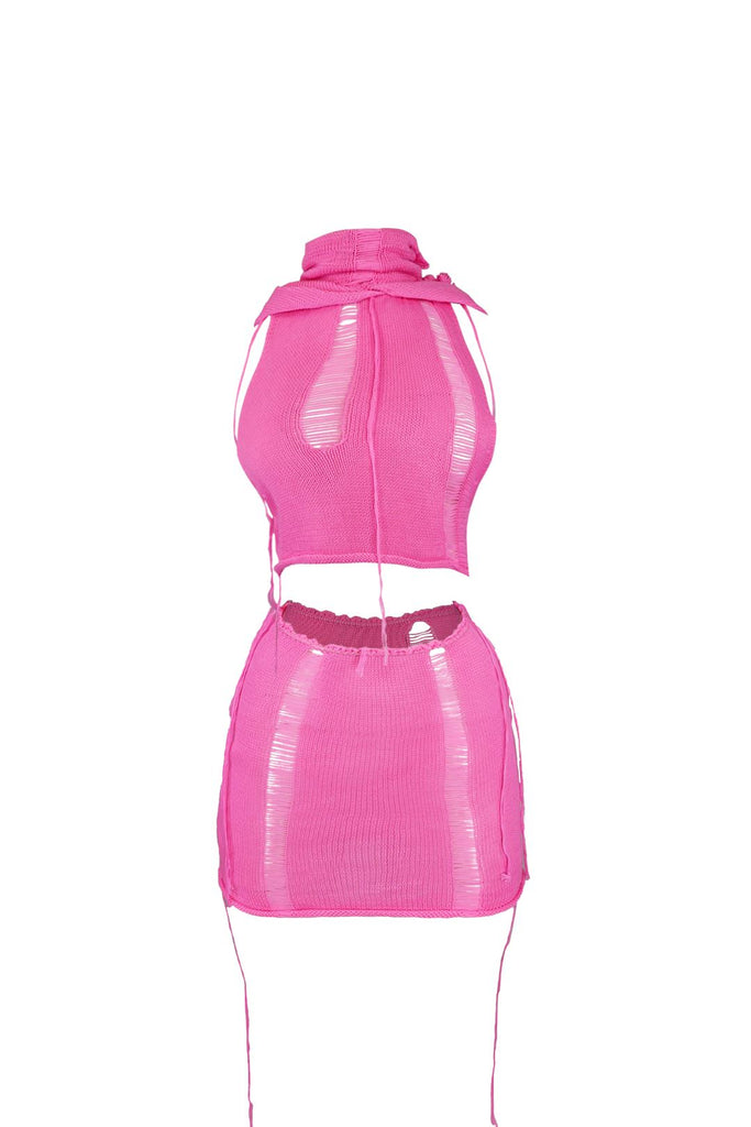 Maeve Distressed Hoodie Top & Skirt SET - Pink - EDGEbyKS