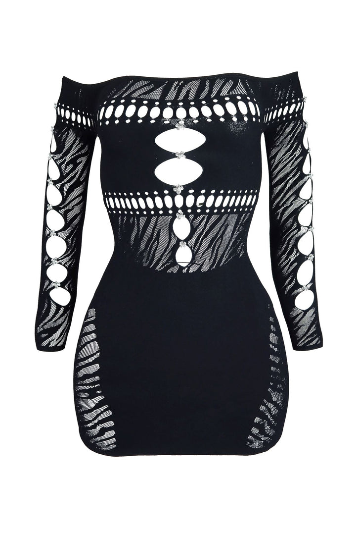 Sabrina Hallow Out Off Shoulder Long Sleeve Dress - Black - EDGEbyKS