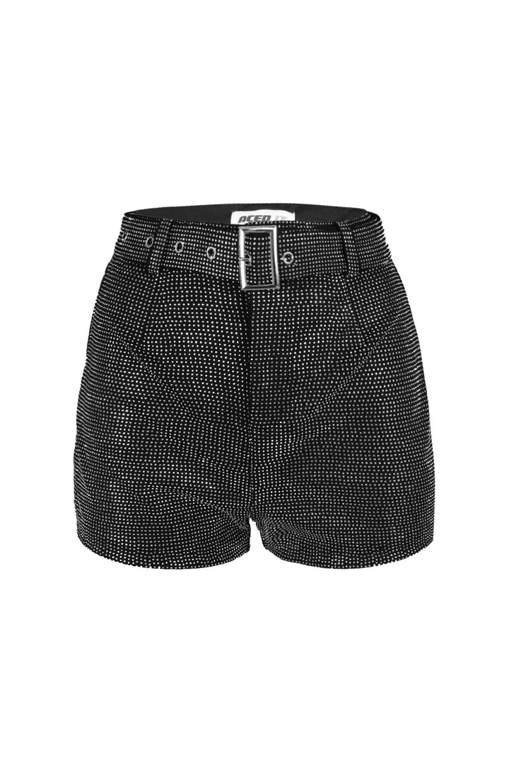 Flashing Lights High Waisted Rhinestone Shorts - Black - EDGEbyKS