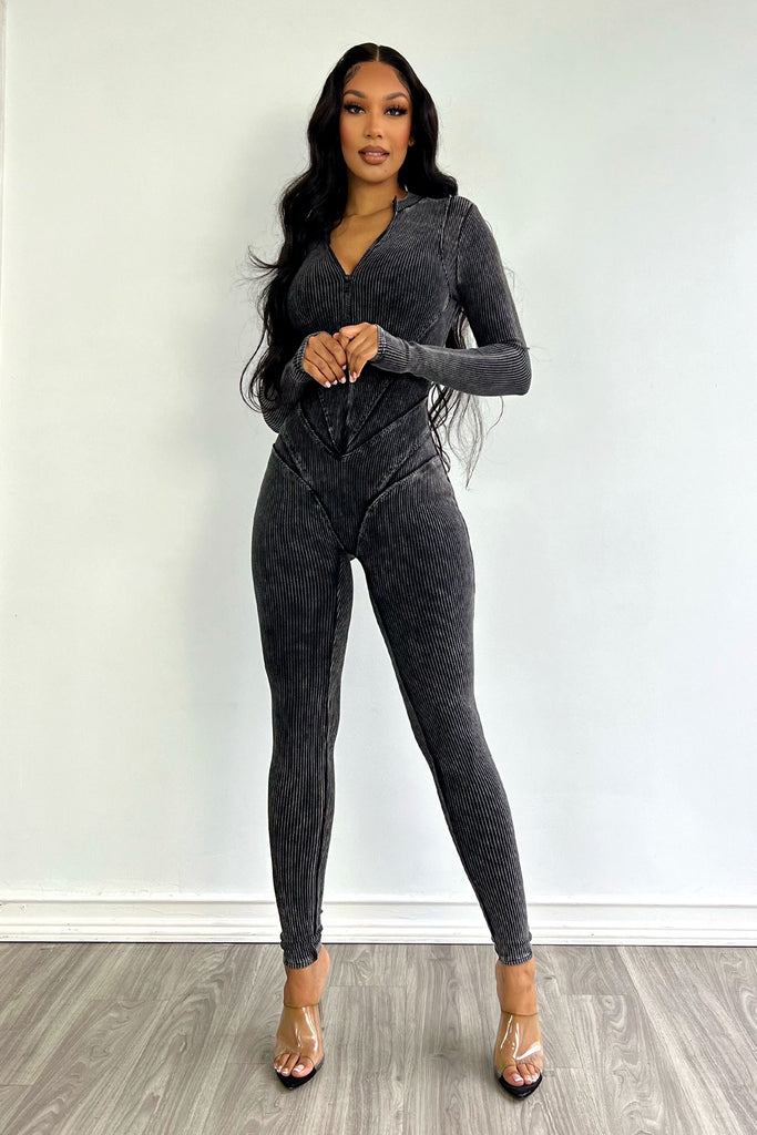 Fallon Mineral Washed Stitch Out Jumpsuit Rompers + Jumpsuits EDGE Small Charcoal 