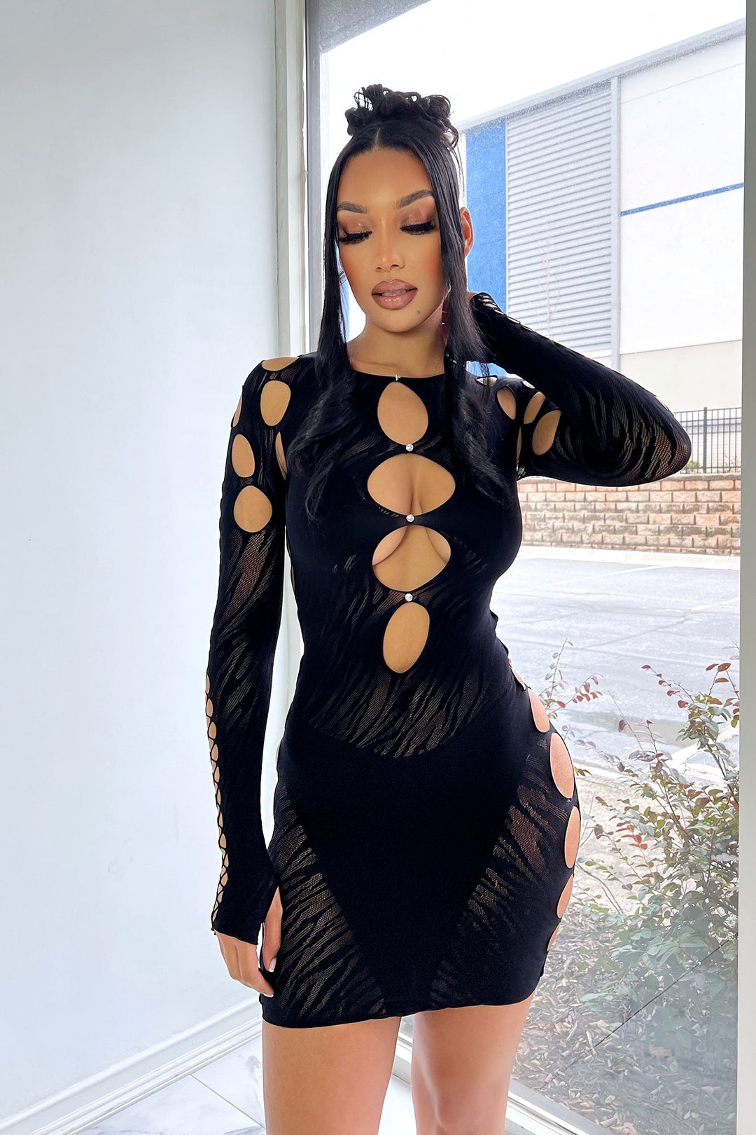 Alix Hallow Out Long Sleeve Cutout Mini Dress Dresses EDGE One Size Black 