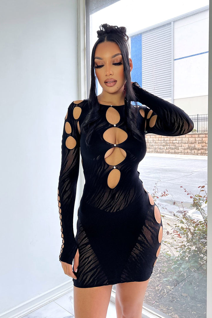Alix Hallow Out Long Sleeve Cutout Mini Dress Dresses EDGE One Size Black 