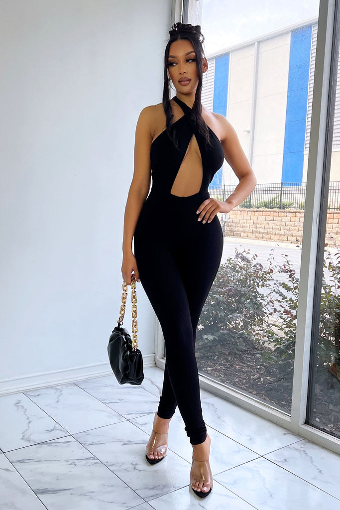 Gia Ribbed Halter Cutout Jumpsuit Rompers + Jumpsuits EDGE Small Black 