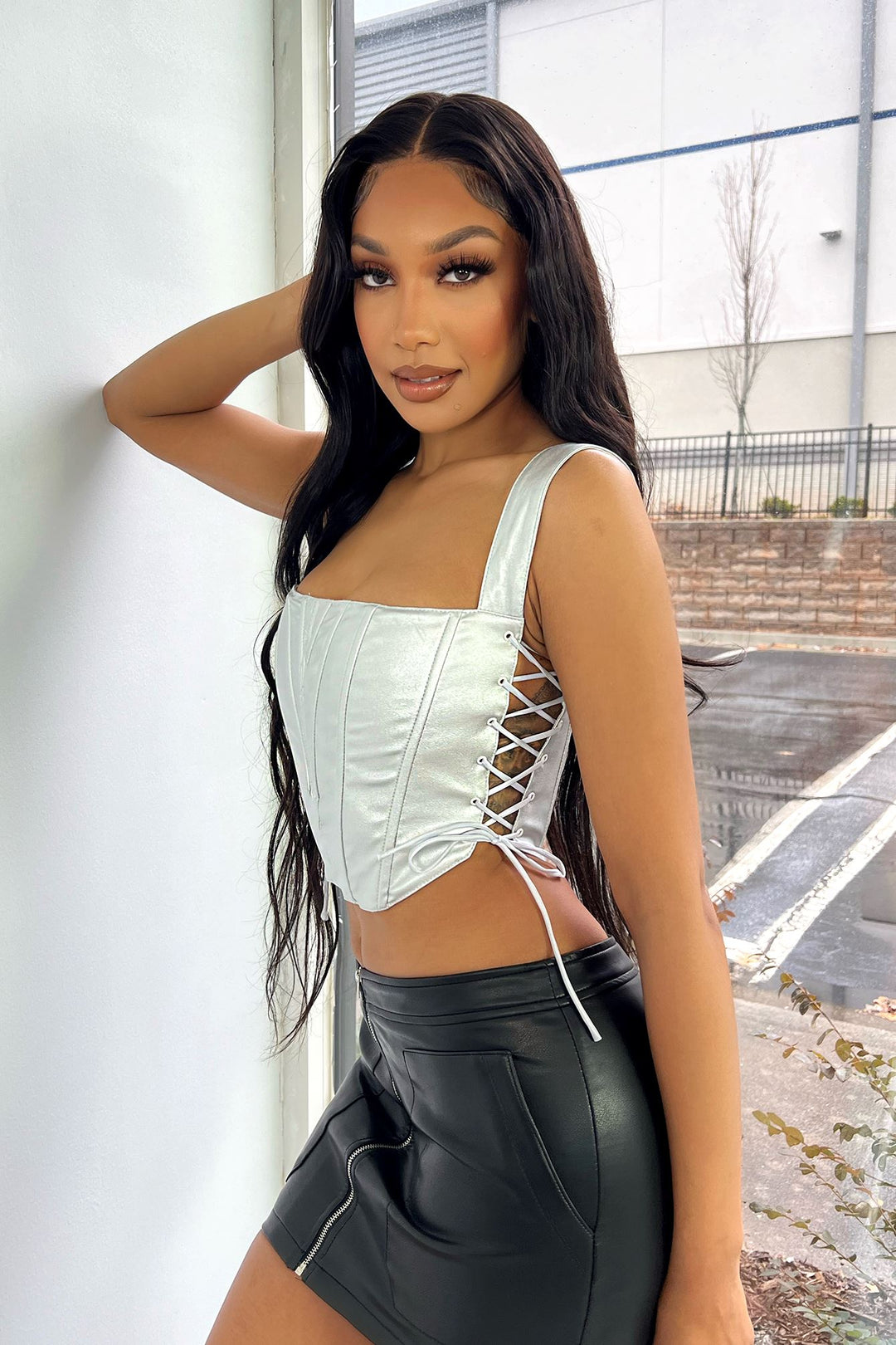 Plated Metallic Cropped Bustier Top Crop Top EDGE Small Silver 