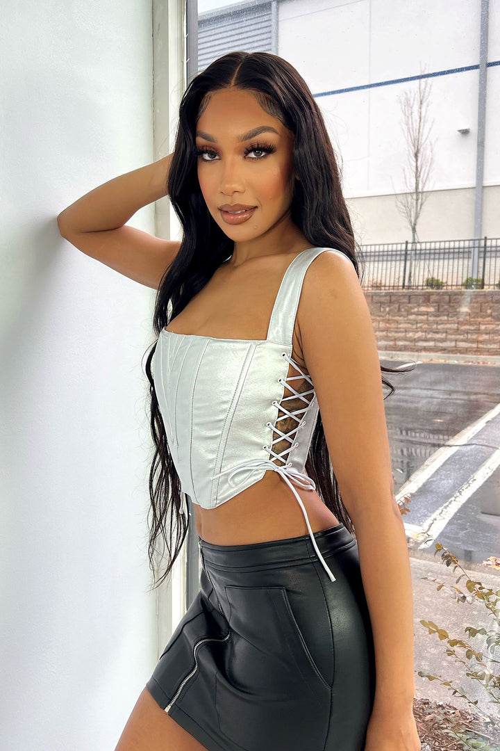 Plated Metallic Cropped Bustier Top Crop Top EDGE Small Silver 