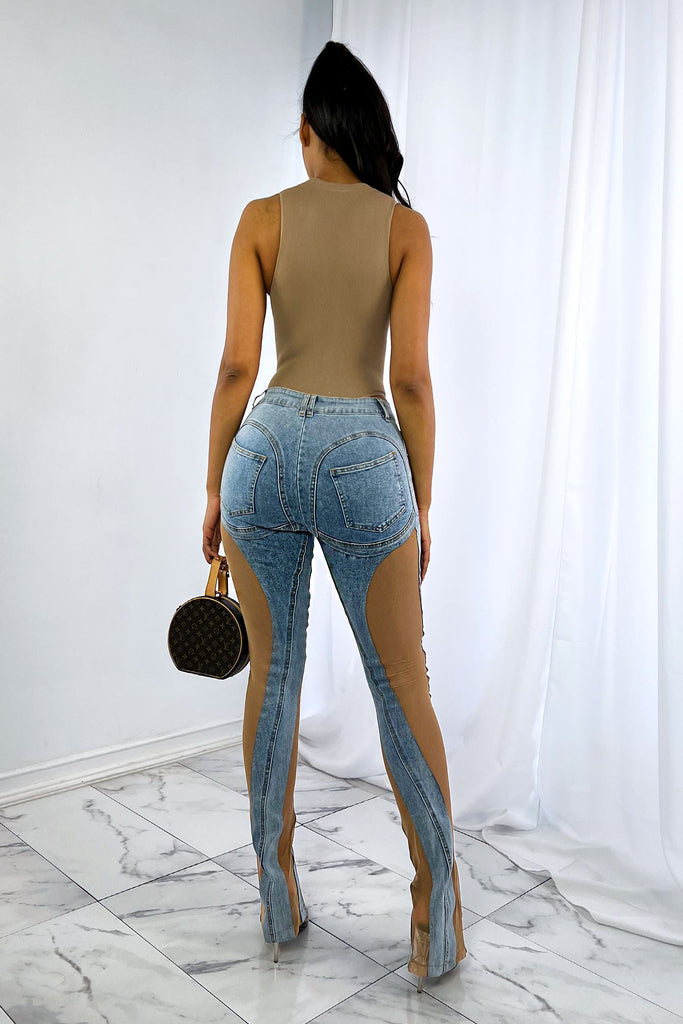  Jeans for Women Cut Out Contrast Mesh Bodysuit Jeans