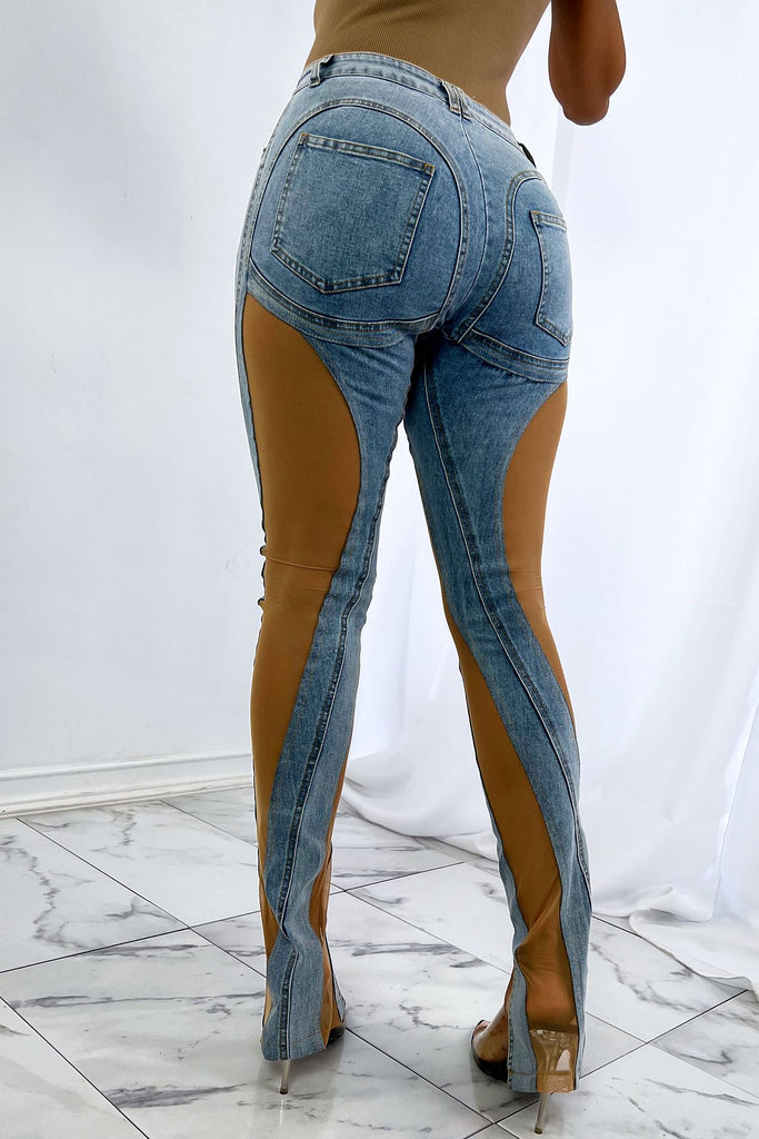 Spiraling Denim Mesh Contrast Skinny Jeans Bottoms EDGE 