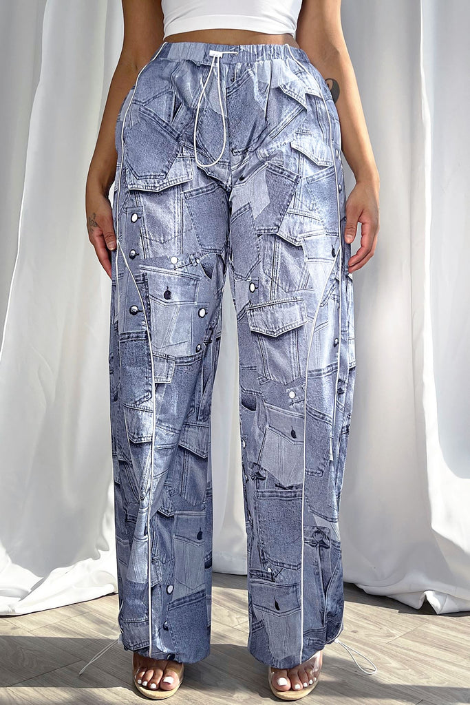 Denim Printed Nylon Baggy Cargo Pants - Denim - EDGEbyKS