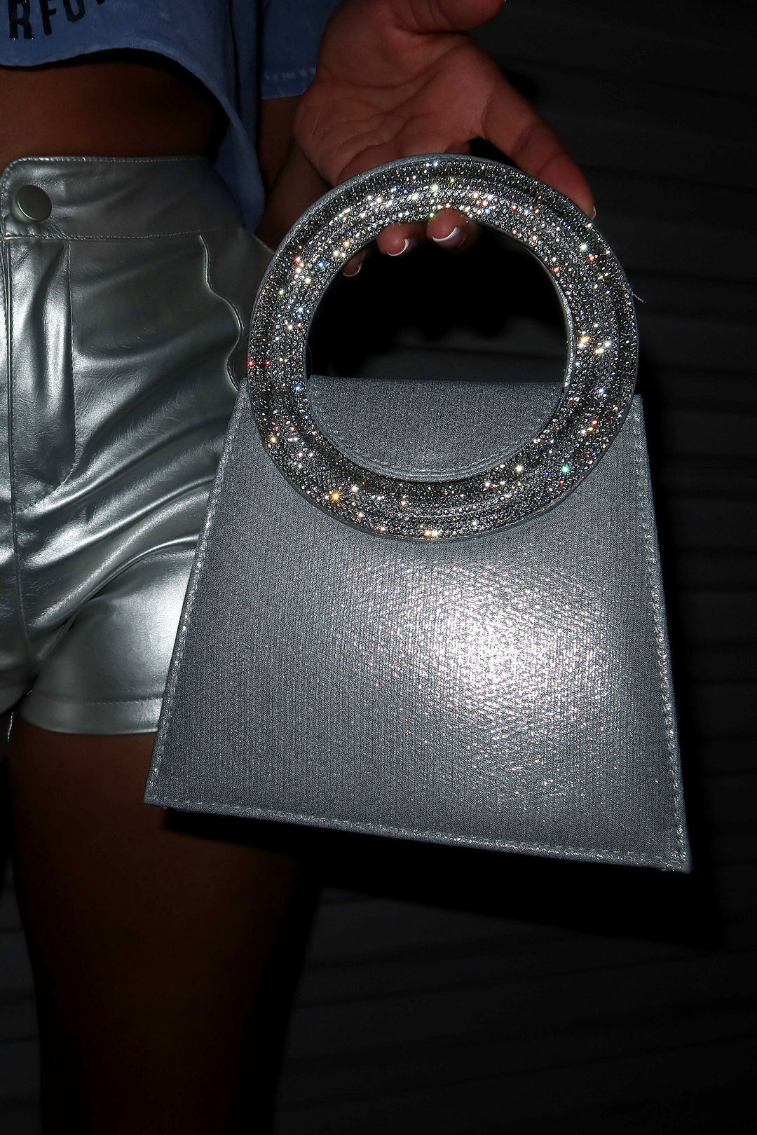 Klara Rhinestone Top Handle Satin Evening Bag Apparel &amp; Accessories EDGE Silver 