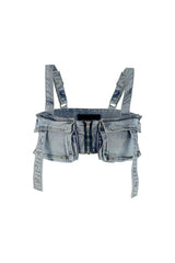 Lillian Washed Denim Pocket Crop Top Top EDGE Small Light Wash 