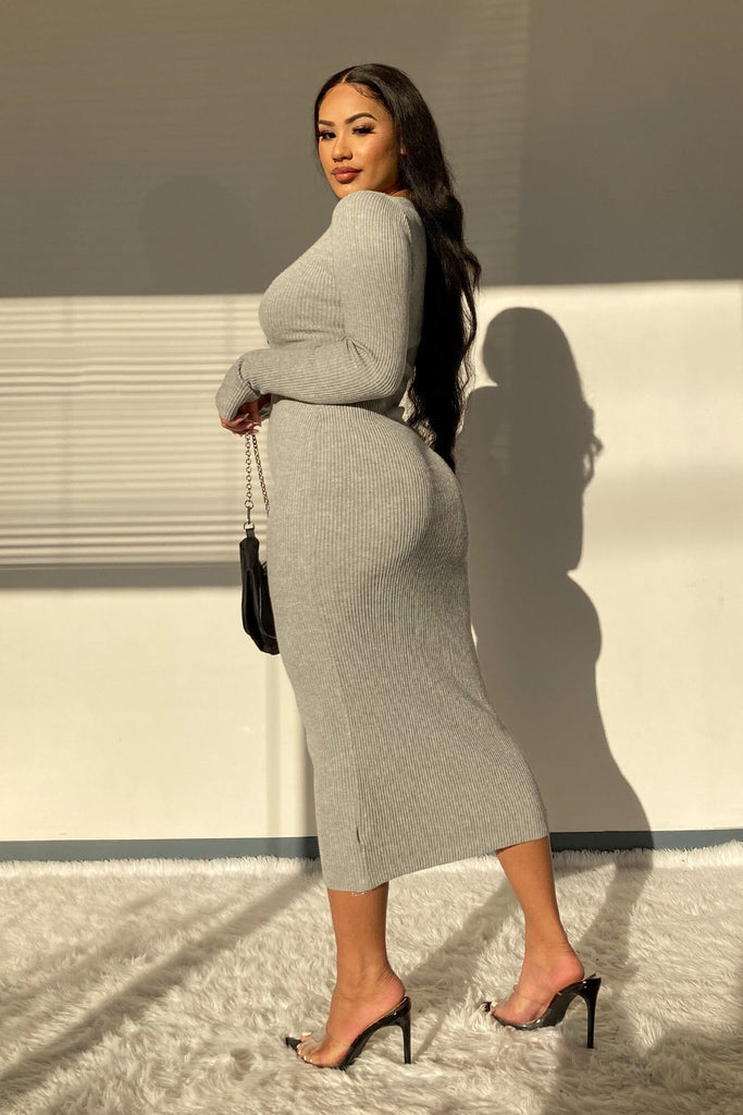 Stay Calm Ribbed Knit Button Down Midi Dress - HeatherGrey - KNOWSTYLE - EDGE - EDGEONLINESTORE