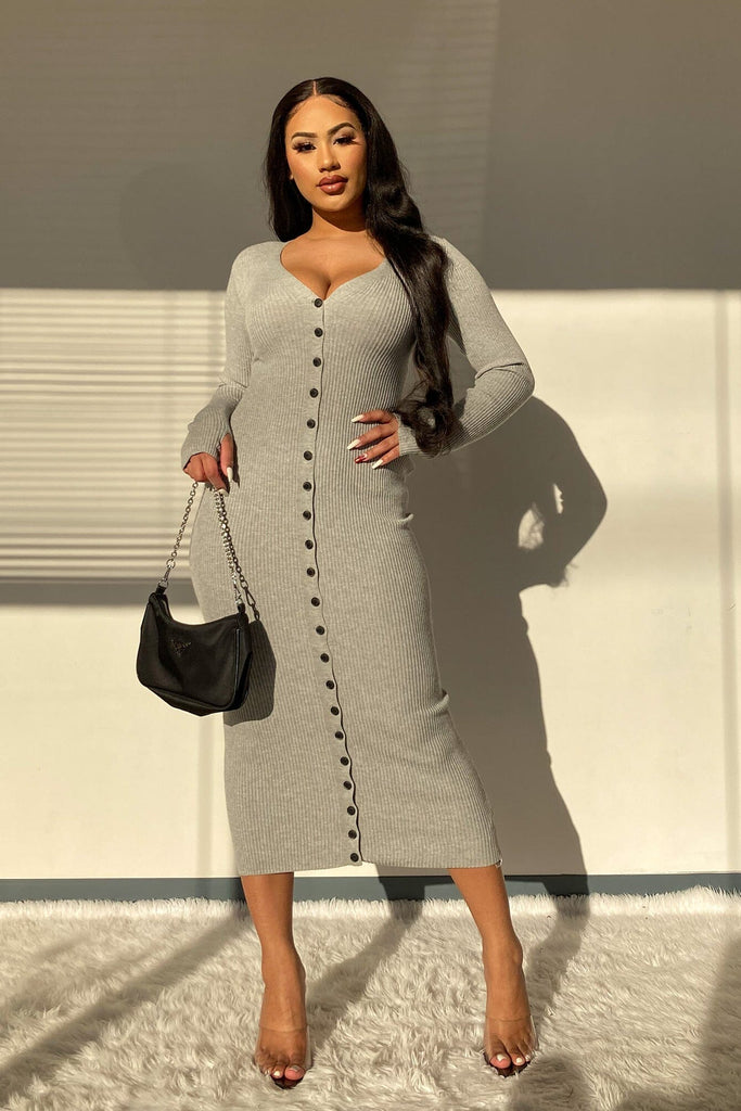 Stay Calm Ribbed Knit Button Down Midi Dress - HeatherGrey - KNOWSTYLE - EDGE - EDGEONLINESTORE