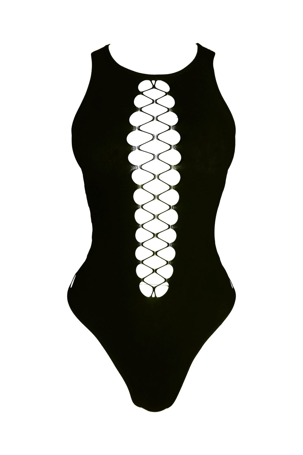 Black Yuna sleeveless bodysuit, front view with linked oval cutouts.