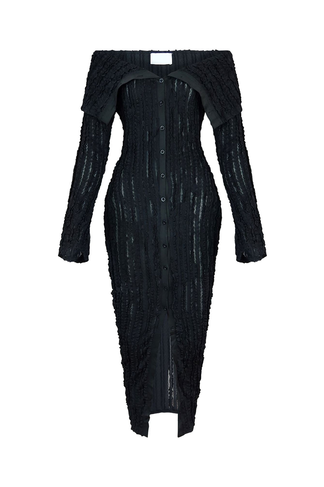 EDGE — black ruffled off-shoulder midi dress, front view flat lay