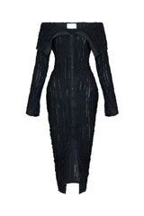 EDGE — black ruffled off-shoulder midi dress, front view flat lay