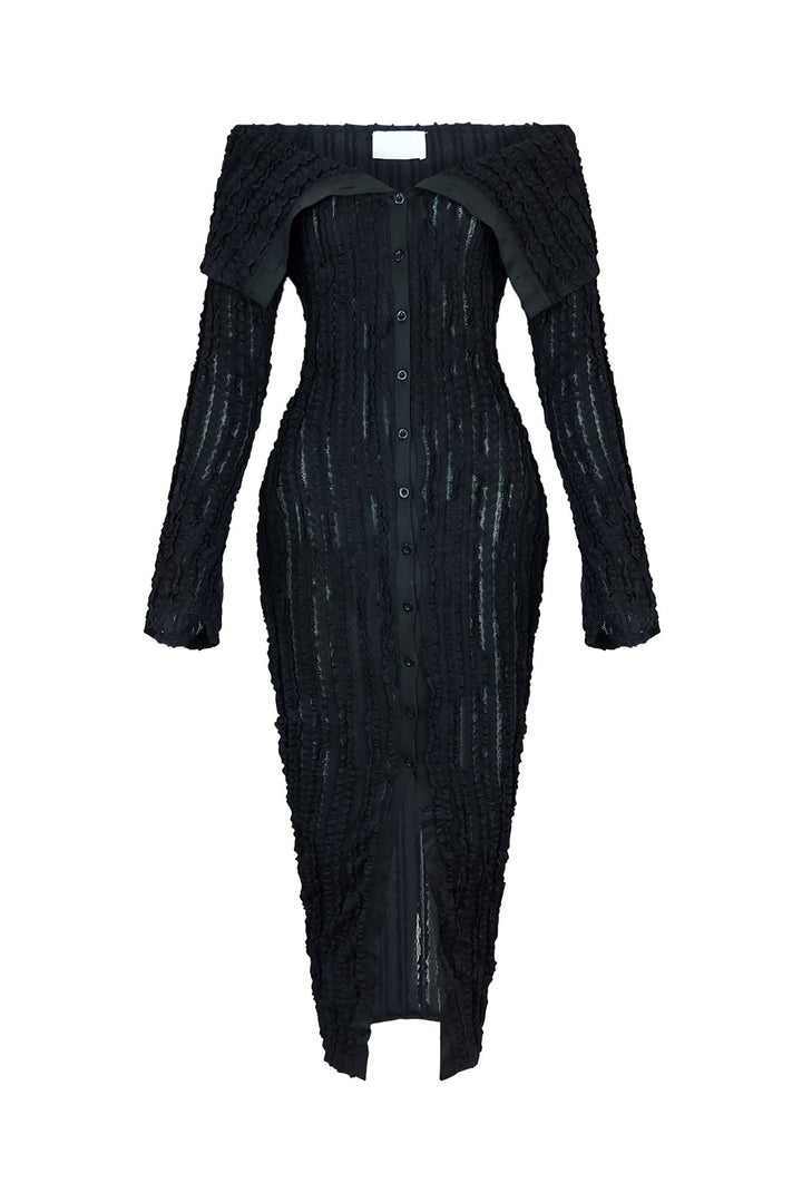 EDGE — black ruffled off-shoulder midi dress, front view flat lay