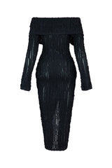 EDGE — black ruffled off-shoulder midi dress, back view flat lay