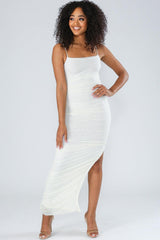 Maxi ruched chiffon dress featuring slit and tank straps, lining included