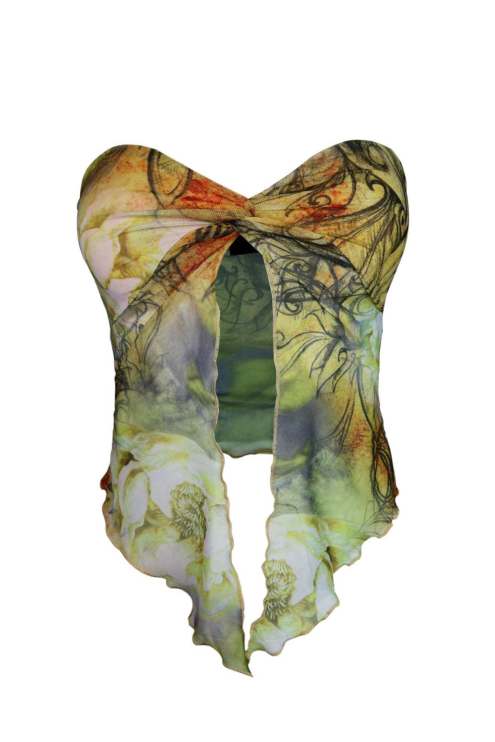 Multi The Golden Age printed strapless mesh top, flat photo, front view showing pointed hem