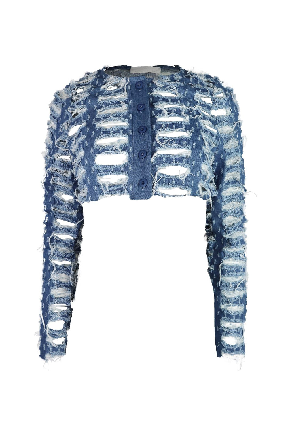 Light wash Unfazed distressed long sleeve denim crop top, flat photo, front view showing button closure