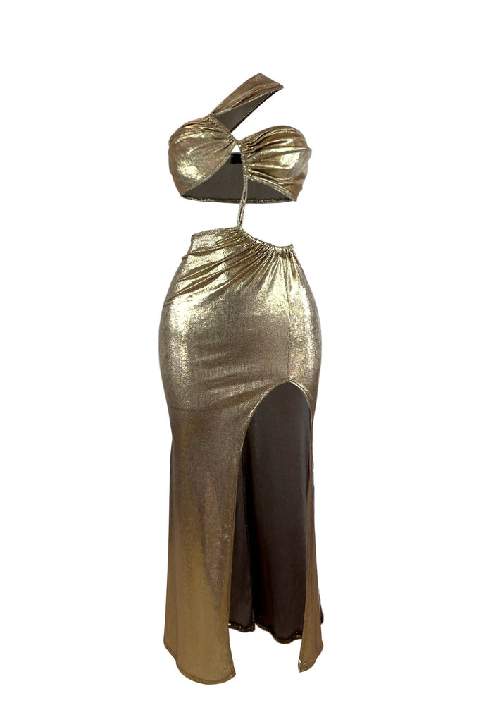 Solar Foil One Shoulder Cutout Maxi Dress Dress EDGE Small Gold 