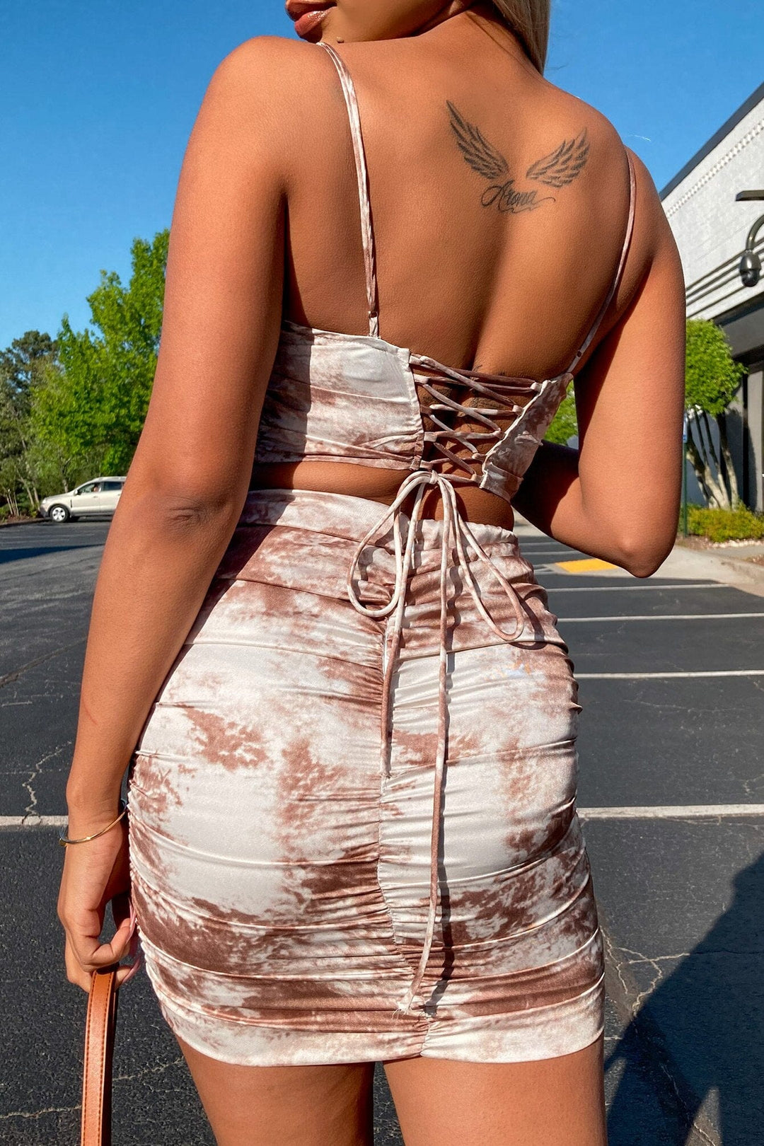 Hot Cocoa Satin Back Lace-Up Top &amp; Mini Skirt SET - Cocoa - KNOWSTYLE - EDGE - EDGEONLINESTORE