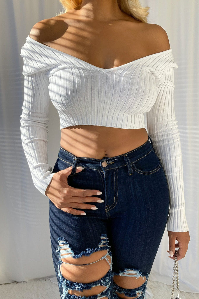 In The Frame Off the Shoulder Ribbed Crop Top - White - KNOWSTYLE - EDGE - EDGEONLINESTORE