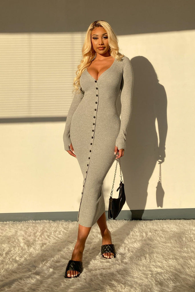 Stay Calm Ribbed Knit Button Down Midi Dress - HeatherGrey - KNOWSTYLE - EDGE - EDGEONLINESTORE